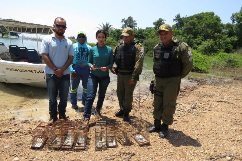 Mais de 2.300 metros de malhadeiras irregulares, arpões, armadilhas para pássaros, armas de fogo, motosserras, gaiolas e outros apetrechos utilizados na prática de crimes  ambientais, como pesca predatória, desmatamento e caça, foram apreendidos na região do Mosaico Lago de Tucuruí, no sudeste paraense.  <div class='credito_fotos'>Foto: ASCOM / IDEFLOR-BIO   |   <a href='/midias/2019/originais/5398_apreensao1.jpg' download><i class='fa-solid fa-download'></i> Download</a></div>