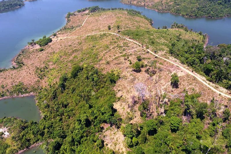 Mais de 2.300 metros de malhadeiras irregulares, arpões, armadilhas para pássaros, armas de fogo, motosserras, gaiolas e outros apetrechos utilizados na prática de crimes  ambientais, como pesca predatória, desmatamento e caça, foram apreendidos na região do Mosaico Lago de Tucuruí, no sudeste paraense.  <div class='credito_fotos'>Foto: ASCOM / IDEFLOR-BIO   |   <a href='/midias/2019/originais/5398_areadesmatada.jpg' download><i class='fa-solid fa-download'></i> Download</a></div>