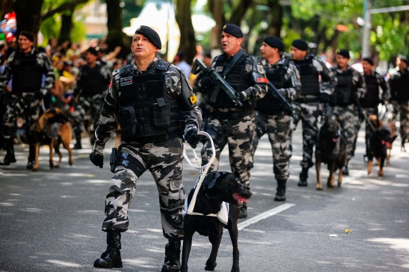 Mais de 4,5 mil pessoas, entre homens e mulheres de tropas federais, estaduais, municipais e grupamentos não institucionais desfilaram pela Avenida Presidente Vargas, neste sábado (7), em Belém, pelo Dia da Independência do Brasil.  <div class='credito_fotos'>Foto: Bruno Cecim / Ag.Pará   |   <a href='/midias/2019/originais/5413__j1o0431.jpg' download><i class='fa-solid fa-download'></i> Download</a></div>