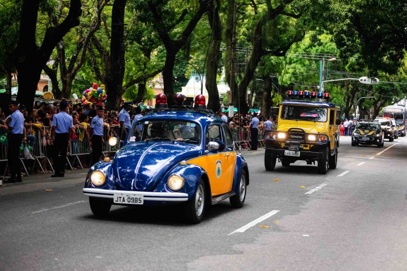 Mais de 4,5 mil pessoas, entre homens e mulheres de tropas federais, estaduais, municipais e grupamentos não institucionais desfilaram pela Avenida Presidente Vargas, neste sábado (7), em Belém, pelo Dia da Independência do Brasil.  <div class='credito_fotos'>Foto: Bruno Cecim / Ag.Pará   |   <a href='/midias/2019/originais/5413__j1o0601.jpg' download><i class='fa-solid fa-download'></i> Download</a></div>