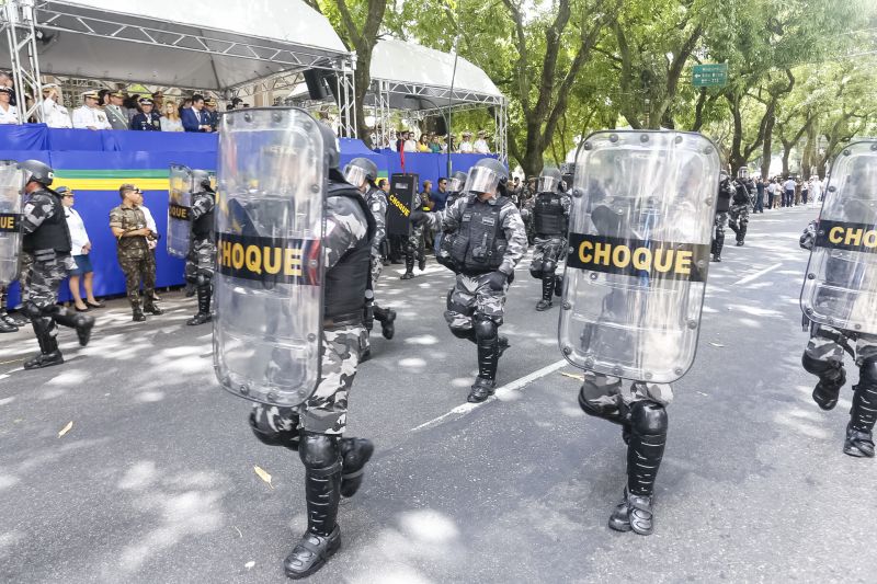 A abertura do desfile foi realizada pelo pelotão de 30 alunos de escolas estaduais e 20 atletas do Núcleo de Esporte e Lazer (NEL) da modalidade de ginástica rítmica e por atletas paralímpicos e olímpicos da Secretaria de Estado de Educação (Seduc). O grupo fez a entrega da Tocha da Paz ao general Paulo Sérgio Nogueira, do Comando Militar do Norte. O instrumento simbólico representa o esforço coletivo para alimentar e intensificar a nacionalidade; o repúdio às drogas, à discriminação e a todo tipo de violência.  <div class='credito_fotos'>Foto: Marcelo Seabra / Ag. Pará   |   <a href='/midias/2019/originais/5414_20190907104259__mg_3871.jpg' download><i class='fa-solid fa-download'></i> Download</a></div>