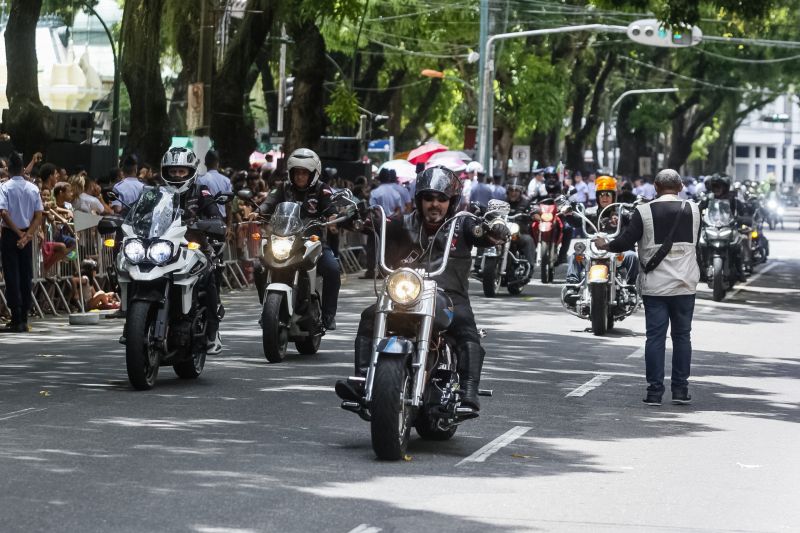 A abertura do desfile foi realizada pelo pelotão de 30 alunos de escolas estaduais e 20 atletas do Núcleo de Esporte e Lazer (NEL) da modalidade de ginástica rítmica e por atletas paralímpicos e olímpicos da Secretaria de Estado de Educação (Seduc). O grupo fez a entrega da Tocha da Paz ao general Paulo Sérgio Nogueira, do Comando Militar do Norte. O instrumento simbólico representa o esforço coletivo para alimentar e intensificar a nacionalidade; o repúdio às drogas, à discriminação e a todo tipo de violência.  <div class='credito_fotos'>Foto: Marcelo Seabra / Ag. Pará   |   <a href='/midias/2019/originais/5414_20190907112448__mg_3295.jpg' download><i class='fa-solid fa-download'></i> Download</a></div>