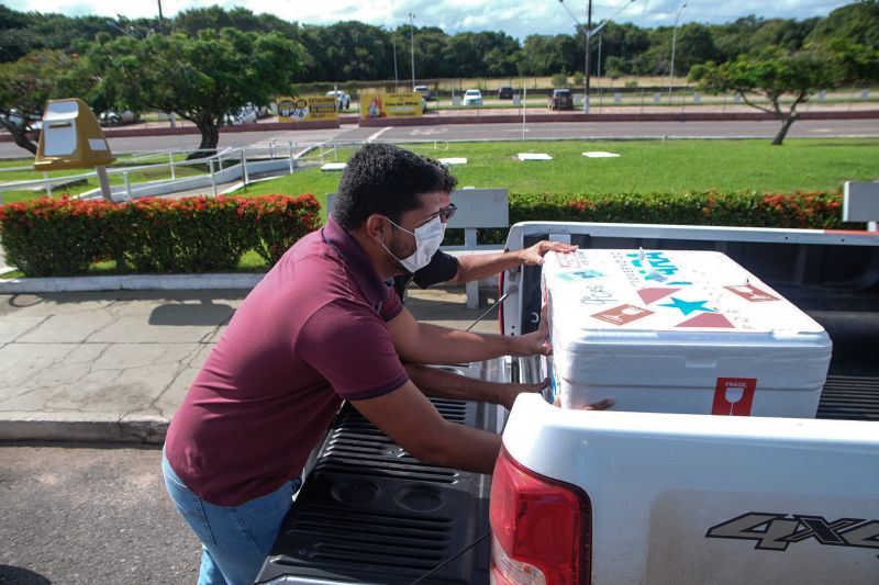 As 7.800 de vacina chegaram ao município de Santarém, na manhã desta terça-feira (2). Essa é a primeira parte de um total de 11.503 doses que serão enviadas pelo Governo do Estado para as regiões do Baixo Amazonas e Tocantins, para vacinar exclusivamente, idosos de 80 anos para mais.  <div class='credito_fotos'>Foto: Pedro Guerreiro / Ag. Pará   |   <a href='/midias/2021/originais/7267_154cfd2b-a19d-42ed-6391-c60eccb20708.jpg' download><i class='fa-solid fa-download'></i> Download</a></div>