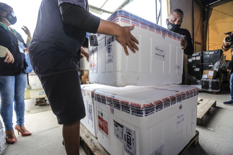 Chegou ao Pará, no final da manhã desta sexta-feira (30), a décima quinta remessa de vacinas contra a Covid-19. Foram enviadas pelo Ministério da Saúde 148.750 doses, sendo 145.750 da Oxford/AstraZeneca, produzida pela Fundação Oswaldo Cruz (Fiocruz), e 3 mil doses da CoronaVac/ Sinovac, imunizante desenvolvido no Brasil pelo Instituto Butantan. 

FOTO: JADER PAES / AG.PARÁ <div class='credito_fotos'>Foto: Jader Paes / Agência Pará   |   <a href='/midias/2021/originais/8573_bda4b5e0-9b07-38ed-db5a-968b8ed04f4a.jpg' download><i class='fa-solid fa-download'></i> Download</a></div>