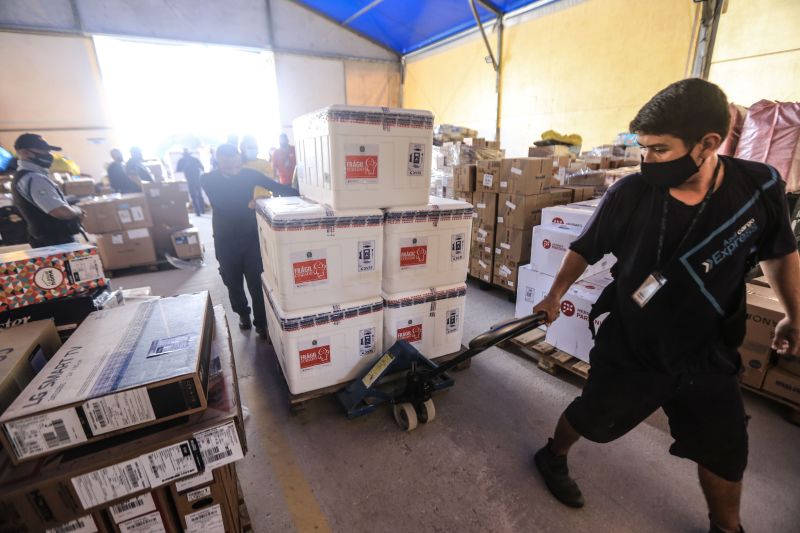 Chegou ao Pará, no final da manhã desta sexta-feira (30), a décima quinta remessa de vacinas contra a Covid-19. Foram enviadas pelo Ministério da Saúde 148.750 doses, sendo 145.750 da Oxford/AstraZeneca, produzida pela Fundação Oswaldo Cruz (Fiocruz), e 3 mil doses da CoronaVac/ Sinovac, imunizante desenvolvido no Brasil pelo Instituto Butantan. 

FOTO: JADER PAES / AG.PARÁ <div class='credito_fotos'>Foto: Jader Paes / Agência Pará   |   <a href='/midias/2021/originais/8573_d7748547-8afa-88ca-c603-1794281d60e7.jpg' download><i class='fa-solid fa-download'></i> Download</a></div>