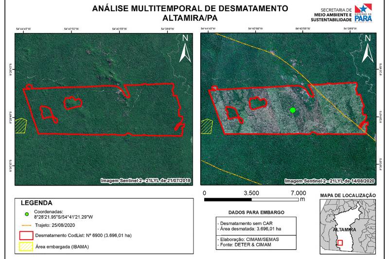 Imagem de satélite divulgada pelo Centro Integrado de Monitoramento Ambiental (Cimam) da Semas mostra desmatamento em Altamira que gerou embargo de 3.696 hectares