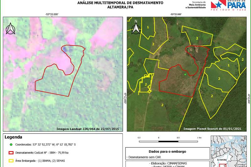 Imagem de satélite divulgada pelo Centro Integrado de Monitoramento Ambiental (Cimam) da Semas mostra outra área de desmatamento ilegal embarda pela Semas