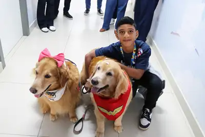 notícia: Crianças atendidas pela Santa Casa do Pará interagem com animais especiais do Clube de Goldens