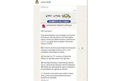 notícia: Governo do Pará e Detran enviam mensagens via WhatsApp para orientar população sobre interdições durante a COP30