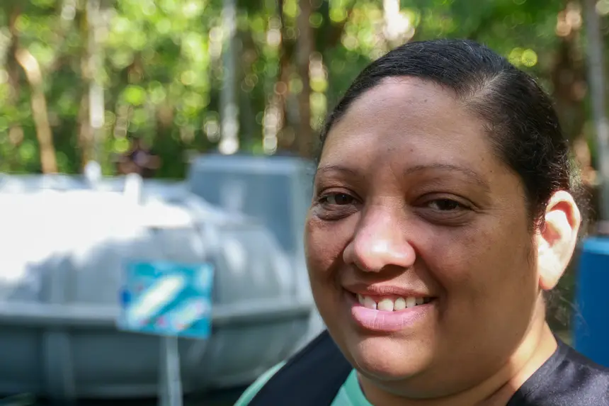 Daniele Sarmanho, presidente da AME (Associação de Mulheres Extrativistas) <div class='credito_fotos'>Foto: Marcelo Lelis / Ag. Pará &nbsp;&nbsp;|&nbsp;&nbsp; <a href='/midias/2026/originais/20260219114754-GF00026307-F00491764.jpg' download><i class='fa-solid fa-download'></i> Download</a></div>