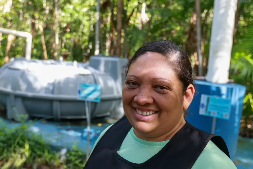 Daniele Sarmanho, presidente da AME (Associação de Mulheres Extrativistas) <div class='credito_fotos'>Foto: Marcelo Lelis / Ag. Pará &nbsp;&nbsp;|&nbsp;&nbsp; <a href='/midias/2026/originais/20260219114756-GF00026307-F00491765.jpg' download><i class='fa-solid fa-download'></i> Download</a></div>
