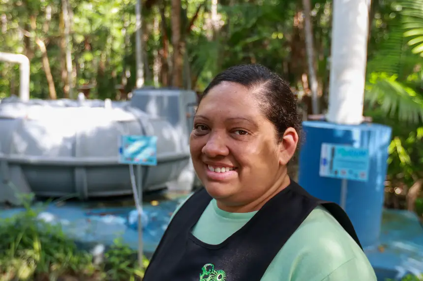 Daniele Sarmanho, presidente da AME (Associação de Mulheres Extrativistas) <div class='credito_fotos'>Foto: Marcelo Lelis / Ag. Pará &nbsp;&nbsp;|&nbsp;&nbsp; <a href='/midias/2026/originais/20260219114758-GF00026307-F00491766.jpg' download><i class='fa-solid fa-download'></i> Download</a></div>