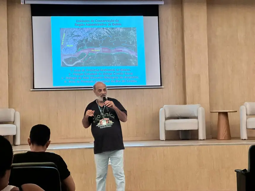 professor doutor Leandro Ferreira, pesquisador do Museu Paraense Emílio Goeldi (MPEG), que apresentou resultados de anos de estudos realizados no Parque Estadual do Utinga Camillo Vianna e em outras áreas protegidas do Estado.